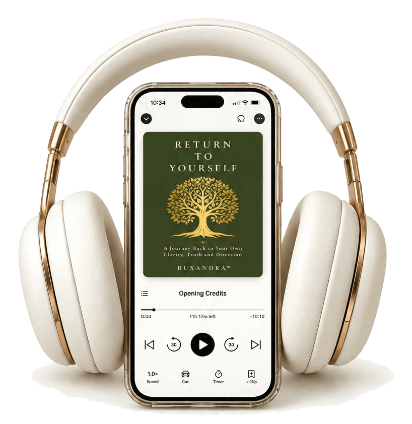 Return to Yourself audiobook on a phone, framed by headphones